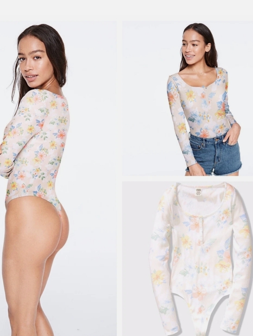 VS Pink Long Sleeve Rib Floral Henley Bodysuit XS